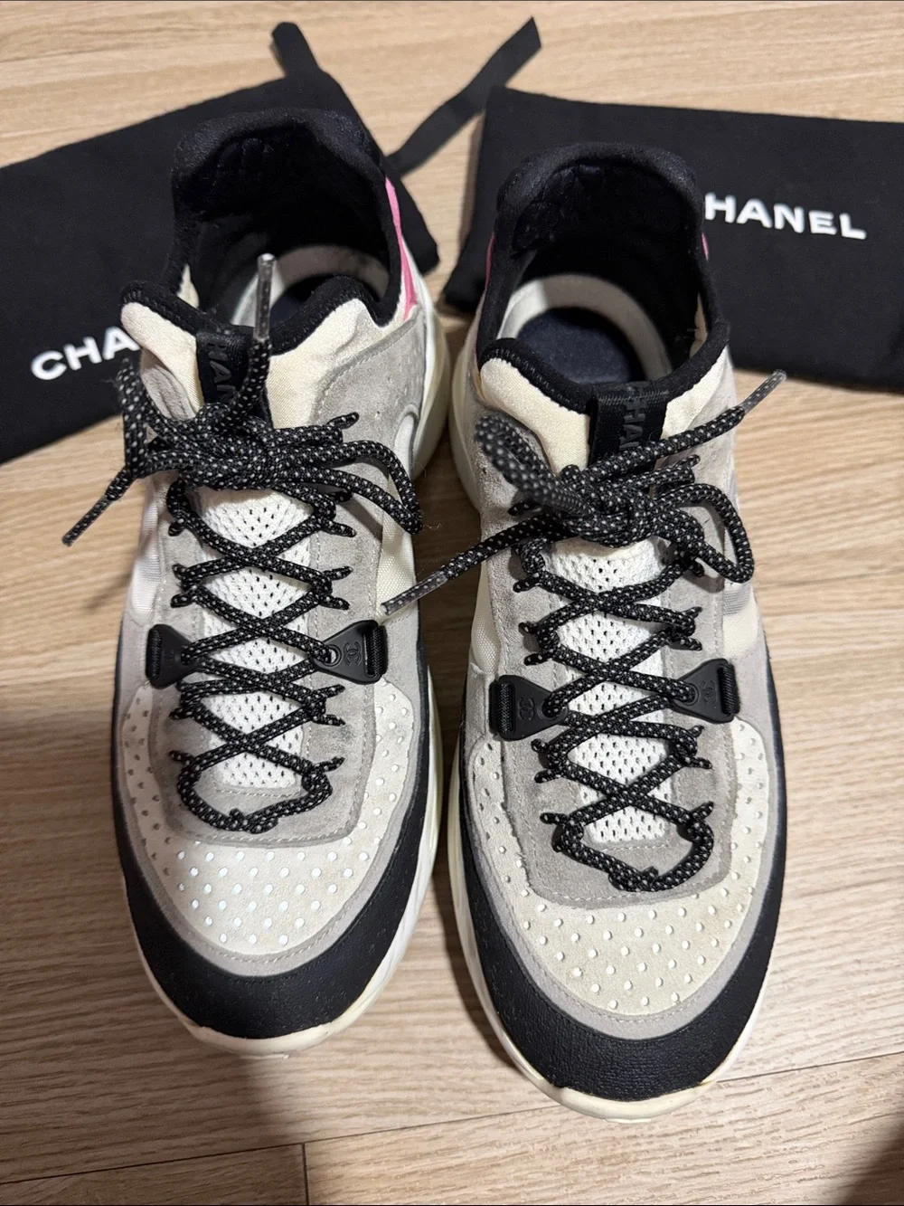 CHANEL Black, White & Pink Tennis Shoes With 2 Dustbags For Each Shoe